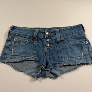 True Religion Brand Jeans Y2K Low Rise Denim Cutoff Shorts • Made in USA • 28